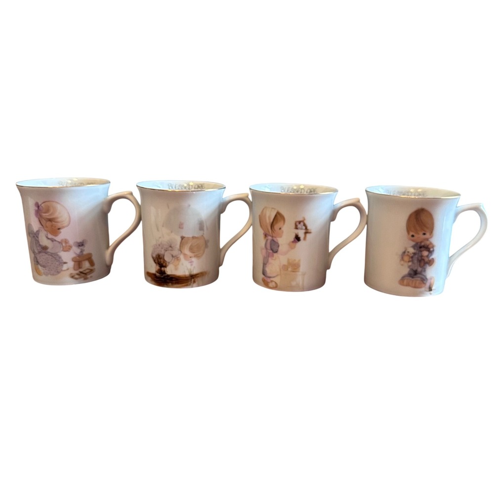 Precious Moments Mug Set 1984 Beatitudes Enesco 4pc Blessed Are